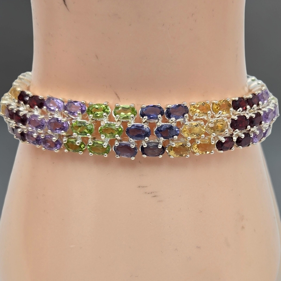 Sterling Silver 925 Rainbow Gemstone Tennis Bracelet Crown Mark 6.75” Estate - Picture 2 of 10